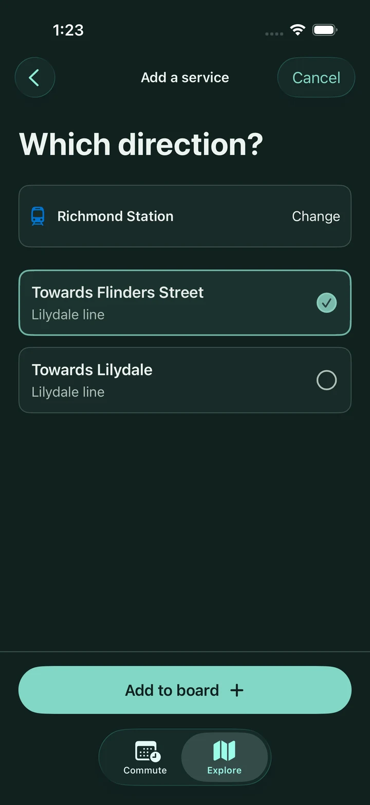 Genuine app screen: choose Richmond Station towards Flinders Street, Lilydale line
